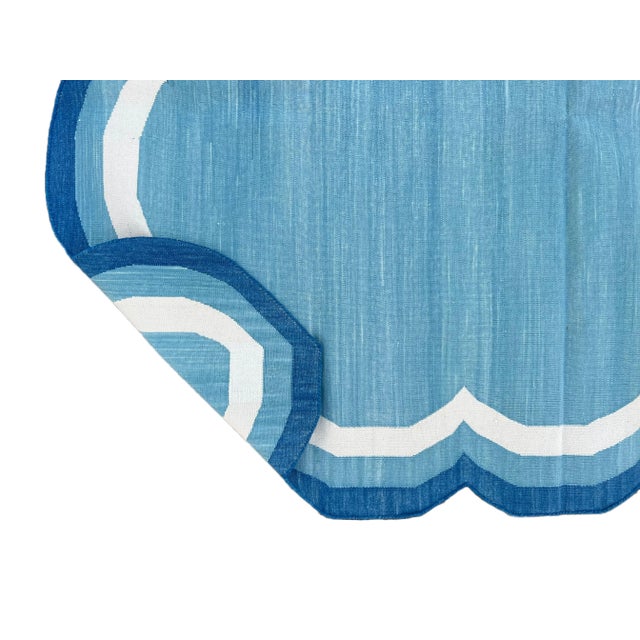 Casa Cosima Handmade Cotton Area Scalloped Rug Tiffany Blue, Cream and Indigo Blue Border Dhurrie - 10'x14' For Sale - Image 4 of 11