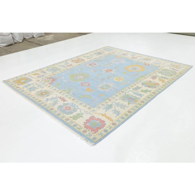 8x10 Modern Oushak Style Hand-Knotted Wool Rug - Pastel Blue & Cream Floral For Sale - Image 10 of 10