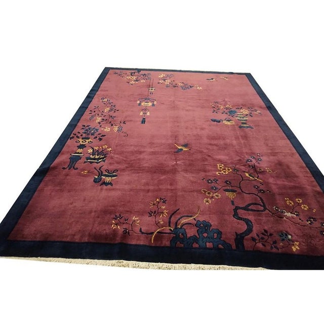 Textile 1920s Raspebery Pink Open Field Floral Antique Chinese Art Deco Room Size Rug For Sale - Image 7 of 8