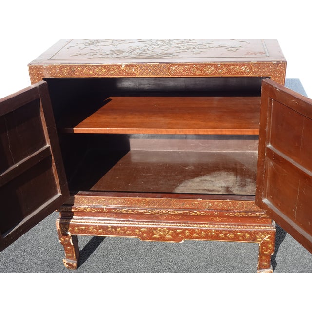 Antique Storage Cabinet Oriental Chinese Red Lacquer Chinoiserie W Stand & Brass For Sale - Image 10 of 18
