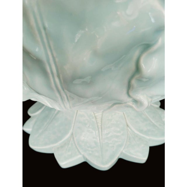1980s Vintage Baby Blue Glazed Ceramic Regency Cabbage Table Lamp Pleated White Shade For Sale - Image 5 of 9