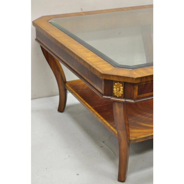 Late 20th Century Late 20th Century Maitland Smith Empire Style Large Banded Inlay Mahogany Glass Top Coffee Table For Sale - Image 5 of 12