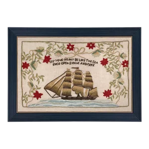 Let Your Heart Be Like the Sea Antiqued Embroidery Needlepoint Sampler Print in Black and Gold Frame
