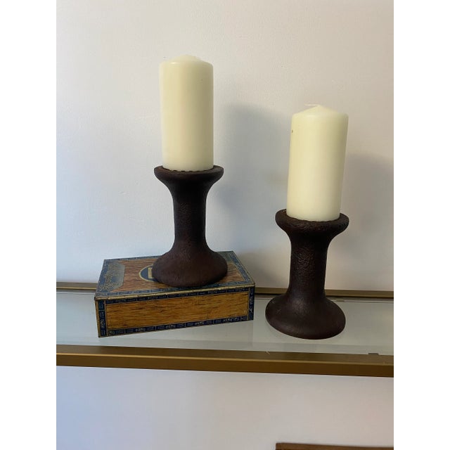 Late 19th Century Antique Late 19th Century Iron Candlestick Holders With Candles - a Pair For Sale - Image 5 of 8
