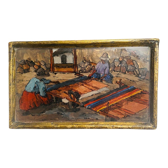 1960s Vintage Reverse Painted Gold Gilt Peruvian Wood Jewelry Box For Sale