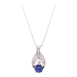 14 Karat White Gold Necklace With Cabochon Sapphire and Diamond Pendant