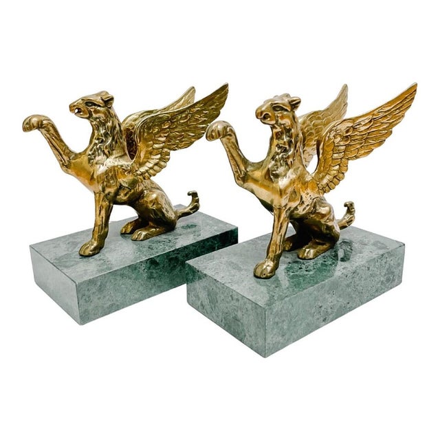 Brass 1970s Brass Griffins on Green Marble Bases Bookends - A Pair For Sale - Image 8 of 8