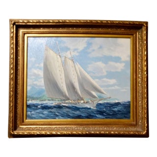Yacht Oil Painting Sailing Off Bora Bora Louis Macouillard 1913-1987 Gilt Frame For Sale