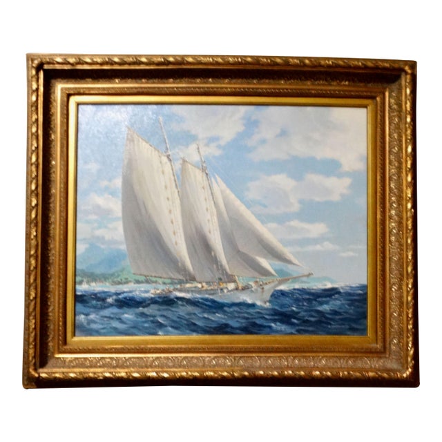 Yacht Oil Painting Sailing Off Bora Bora Louis Macouillard 1913-1987 Gilt Frame For Sale