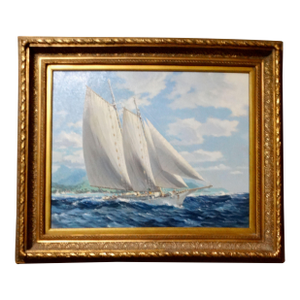Yacht Oil Painting Sailing Off Bora Bora Louis Macouillard 1913-1987 Gilt Frame