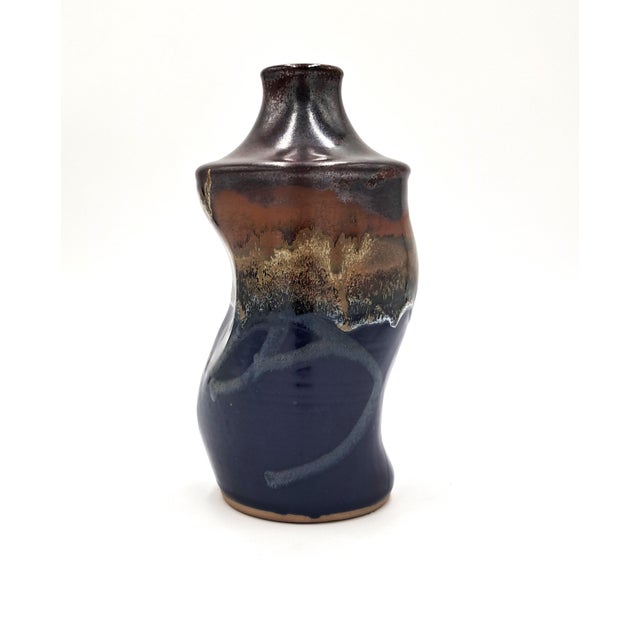 Mid-Century Modern Wavy Hand-Thrown Signed Studio Vase With Blue and Brown Drip Glaze For Sale - Image 6 of 6
