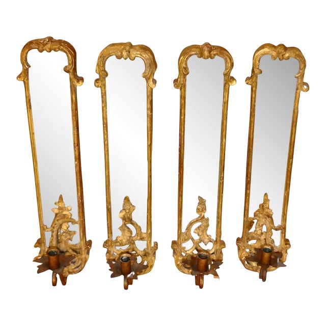 Set of Four 19th Century Rococo Giltwood Mirrored Sconces For Sale