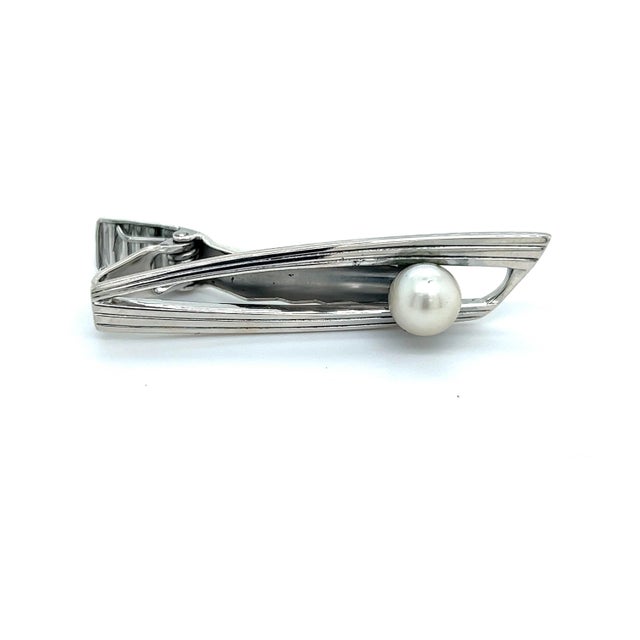 Metal Mikimoto Estate Akoya Pearl Mens Tie Clip 7 mm Sterling Silver For Sale - Image 7 of 7