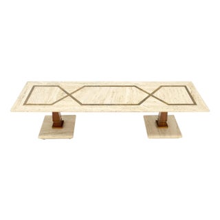 Inlayed Travertine Top & Base 18x60" Rectangle Mid Century Modern Coffee Table For Sale