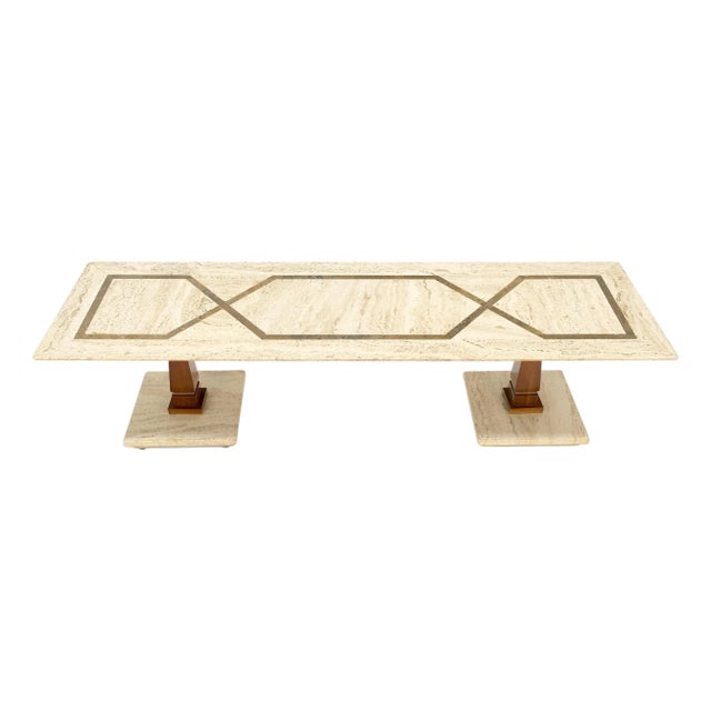 Inlayed Travertine Top & Base 18x60" Rectangle Mid Century Modern Coffee Table For Sale