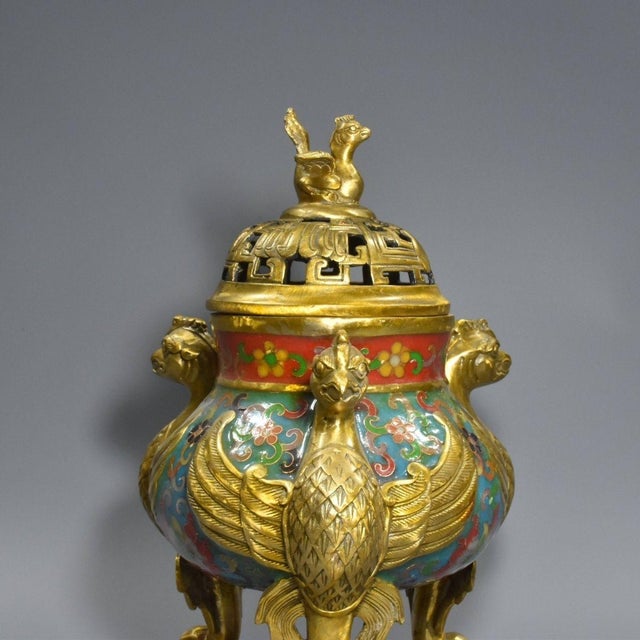 Pure Copper Cloisonne Filigree Flying Beast Incense Burner Censer - Gilt Gold Body With Colored Enamel For Sale - Image 9 of 9