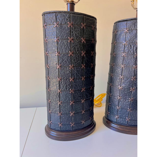 Vintage Black Leather Patchwork Cross Stitch Table Lamps; A Pair For Sale - Image 4 of 9