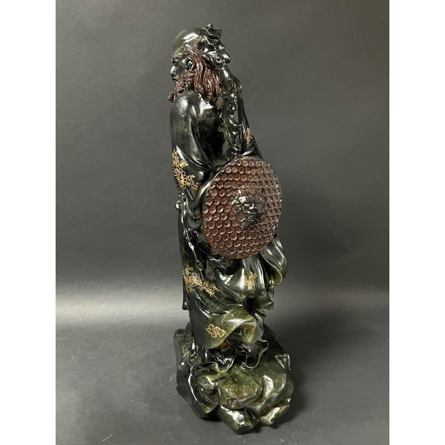 Chinese Art Large Carved Dark Green Soapstone Bodhidharma Statue For Sale - Image 13 of 13