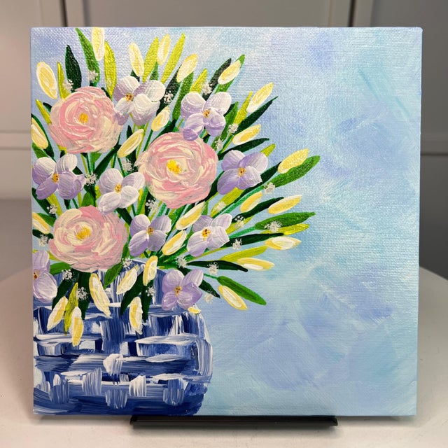 Bouquet in Blue & White Vase Acrylic Painting Floral Wall Art 8"x8" Unframed For Sale - Image 4 of 7