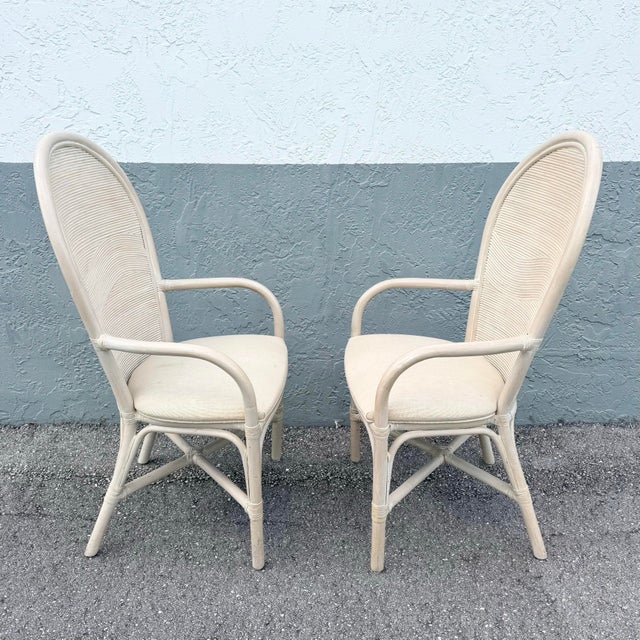 Boho Chic Wavy Pencil Reed and Rattan Dining Arm Chairs - Set of 4 For Sale - Image 4 of 10