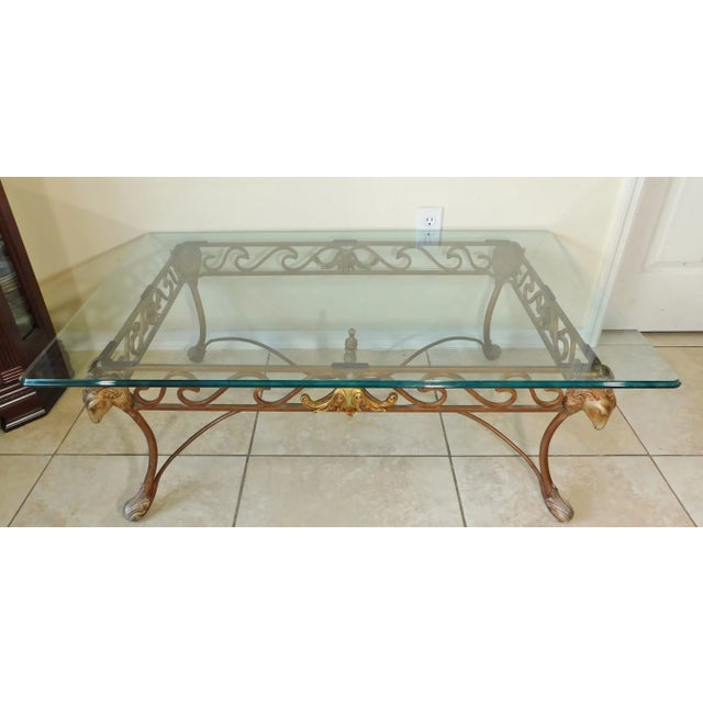 Vintage Neoclassical Wrought Iron Sculptural Ram's Head Thick Glass Top Coffee Table For Sale - Image 11 of 13