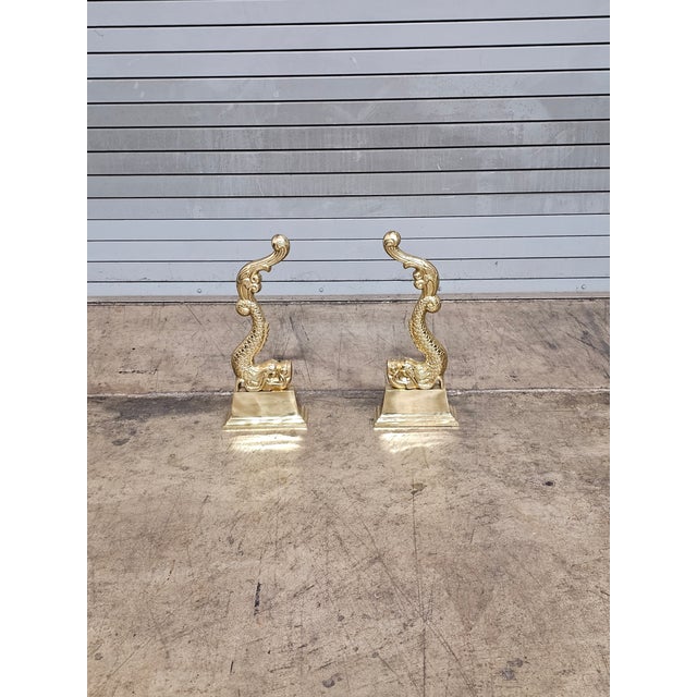 Late 20th Century Late 20th Century Virginia Metalcrafters Pair of Brass Dolphin Andirons For Sale - Image 5 of 13