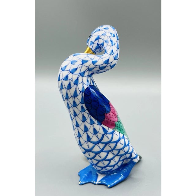 1990s Vintage MCM Herend Blue Fishnet Goose W/ Egg Figurine For Sale - Image 5 of 8