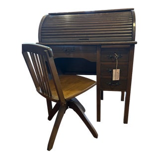 Child's Rolltop Desk With Chair - Set of 2 For Sale