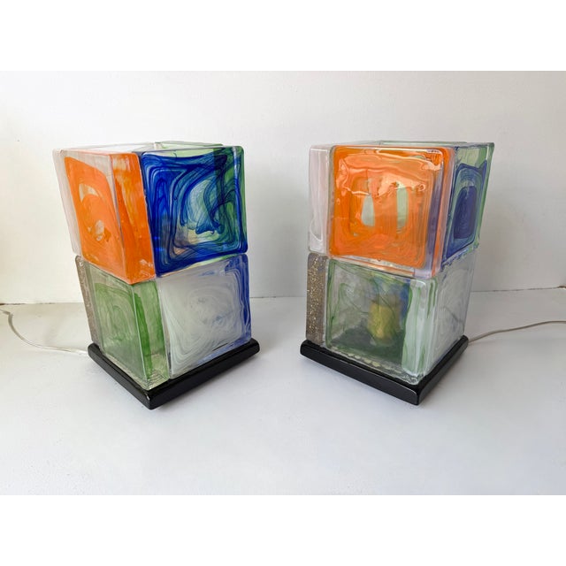 Contemporary Pair of Lamps Cubic Pennellate Murano Glass. Italy For Sale - Image 6 of 12