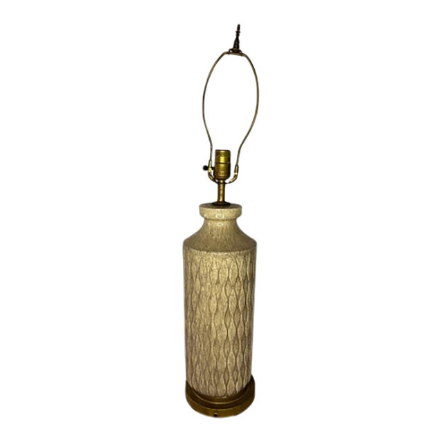 Vintage French Glazed Porcelain Table Lamp With Brass Base 3-Way Switch For Sale