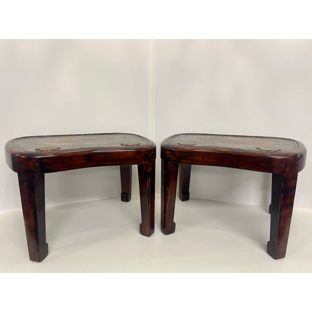 Hardwood Low Tables With an Inset Antique Japanese Leather Saddle Top—A Pair For Sale - Image 4 of 13