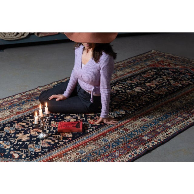 Art Deco Late 1800s Antique Luri Rug Allover Design Navy Brick Red Hand Knotted Wool Low Pile Rug - 5’3” X 11’4” For Sale - Image 3 of 9