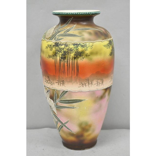 Ceramic Antique Japanese Heavy Moriage Hand Painted Porcelain Oriental Bird Satsuma Vase For Sale - Image 7 of 16