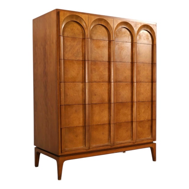 Thomasville Vintage Burlwood Mid Century Modern Sculptural Highboy Dresser C. 1960s For Sale