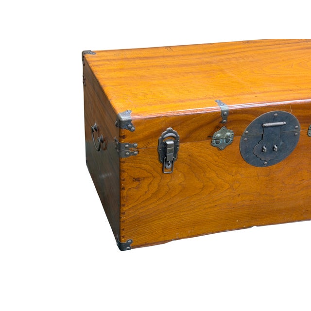 Vintage Oriental Wood Rectangular MoonFace Hardware Trunk Table For Sale - Image 10 of 15