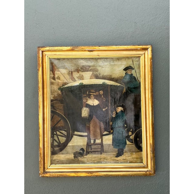 This vintage framed oil painting presents a lively carriage scene, with figures in period dress creating a narrative of...