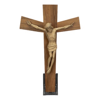 Brutalist Wooden Cross with Christ Figure, 1950s For Sale