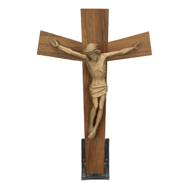 Brutalist Wooden Cross with Christ Figure, 1950s For Sale
