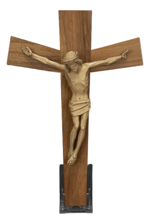 Brutalist Wooden Cross with Christ Figure, 1950s