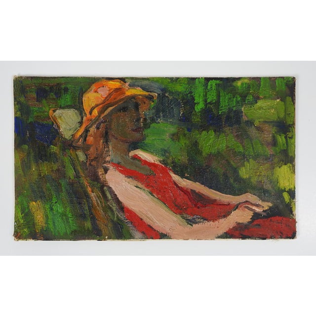 Textile Mid 20th Century Plein Air Woman in Garden Painting For Sale - Image 7 of 8
