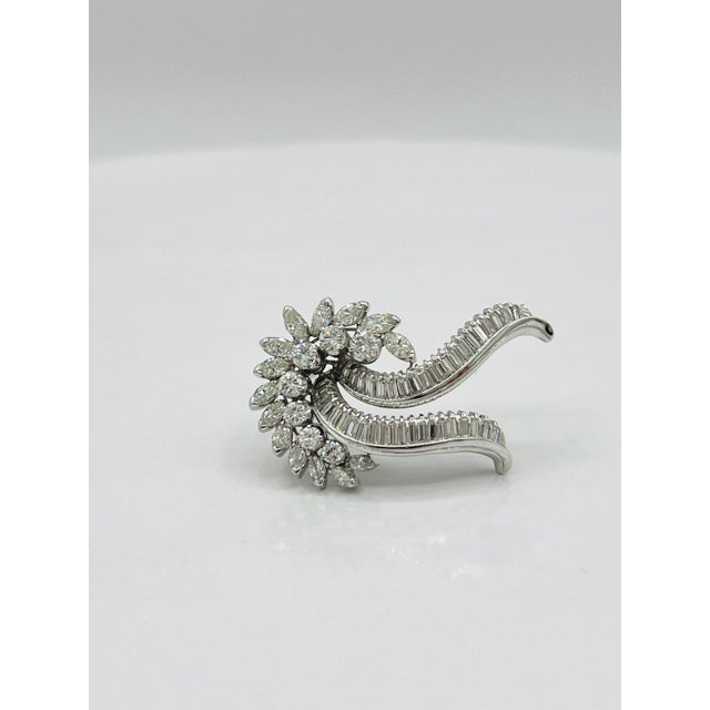 Mid 20th Century White Round Diamond Marquise, Round & Baguette Brooch in Platinum For Sale - Image 4 of 6