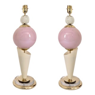 1980s Pair of Pink Mid Century Modern Murano Glass Lamps For Sale