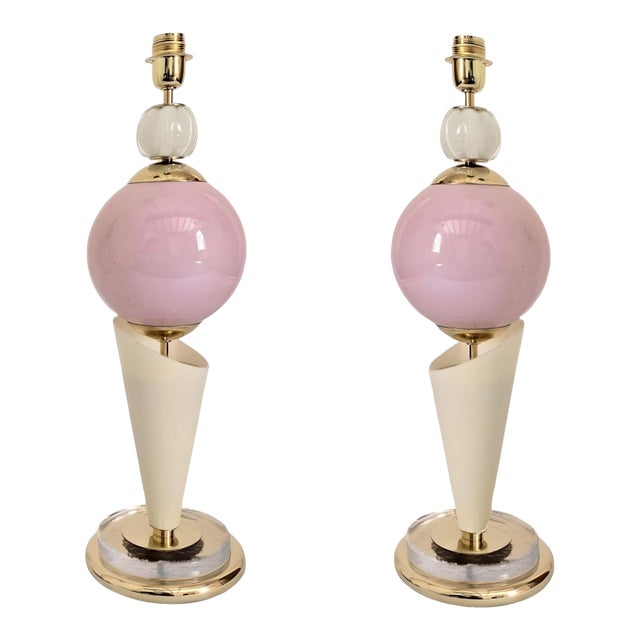 1980s Pair of Pink Mid Century Modern Murano Glass Lamps For Sale