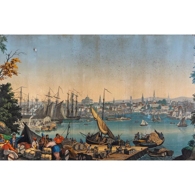 Large block-printed wallpaper with an idyllic, idealistic harbor scene of Boston. The motif comes from the "Vues...