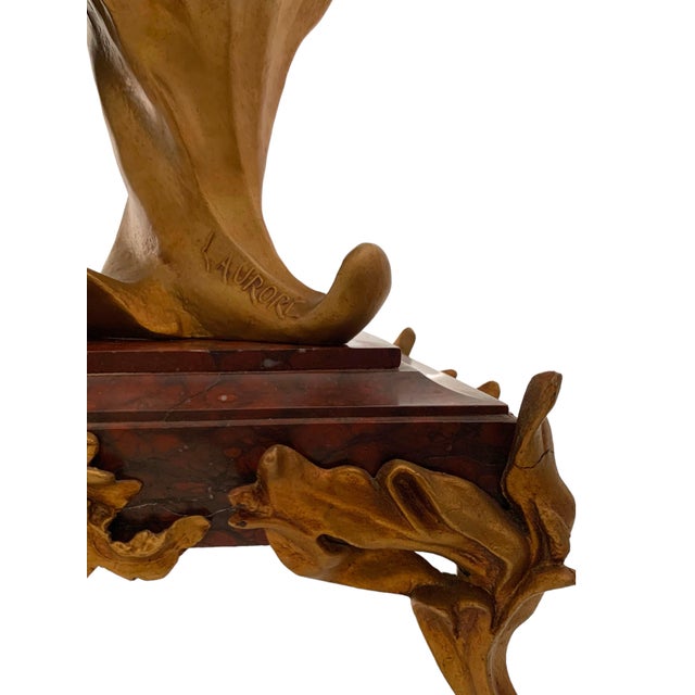 Metal Antique Mantel Clock Lady Figure on Marble Base French Laurore Art Nouveau Style For Sale - Image 7 of 12