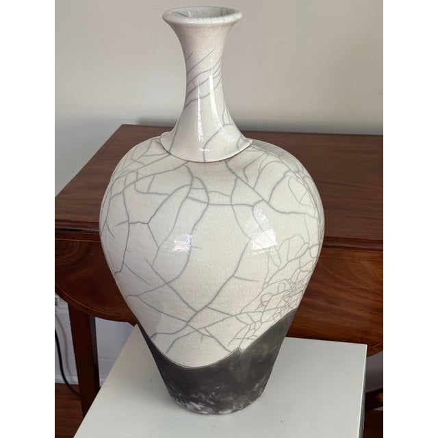Large Signed Kerry Gonzalez Raku Pottery Vase With Crackle & Smoke Glaze, 22" For Sale In New York - Image 6 of 12