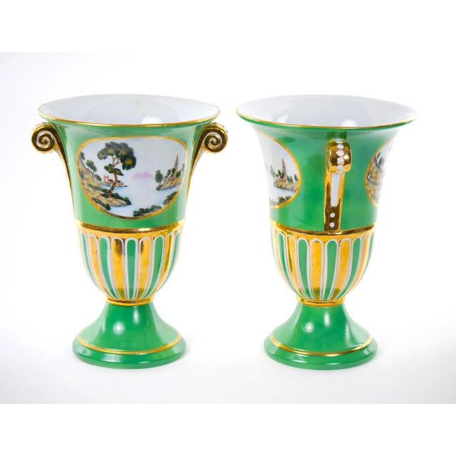 Traditional Pair Antique Paris Porcelain Parcel Gilt and Hand Painted Vases For Sale - Image 3 of 13