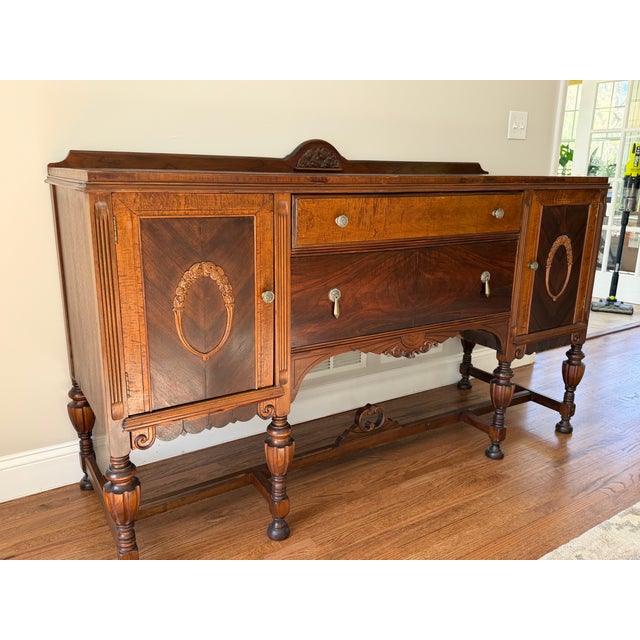 Baker Furniture Company Vintage Hepplewhite-Style Sideboard / Buffet --Elegant Floral Carvings For Sale - Image 4 of 8