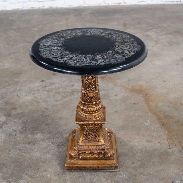 Neoclassic Hollywood RegencyPedestal Side Table Round Gilded Plaster & Black Composit Top For Sale - Image 13 of 13