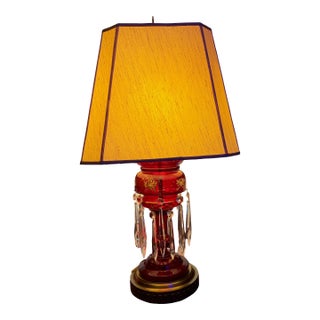 Late 19th Century Victorian Bohemian Cranberry Glass Lustre Table Lamp With Enameled Flowers & Crystal Prisms For Sale